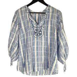 Solitaire Women's Blue White Striped Embroidered Peasant Blouse Size‎  Boho L